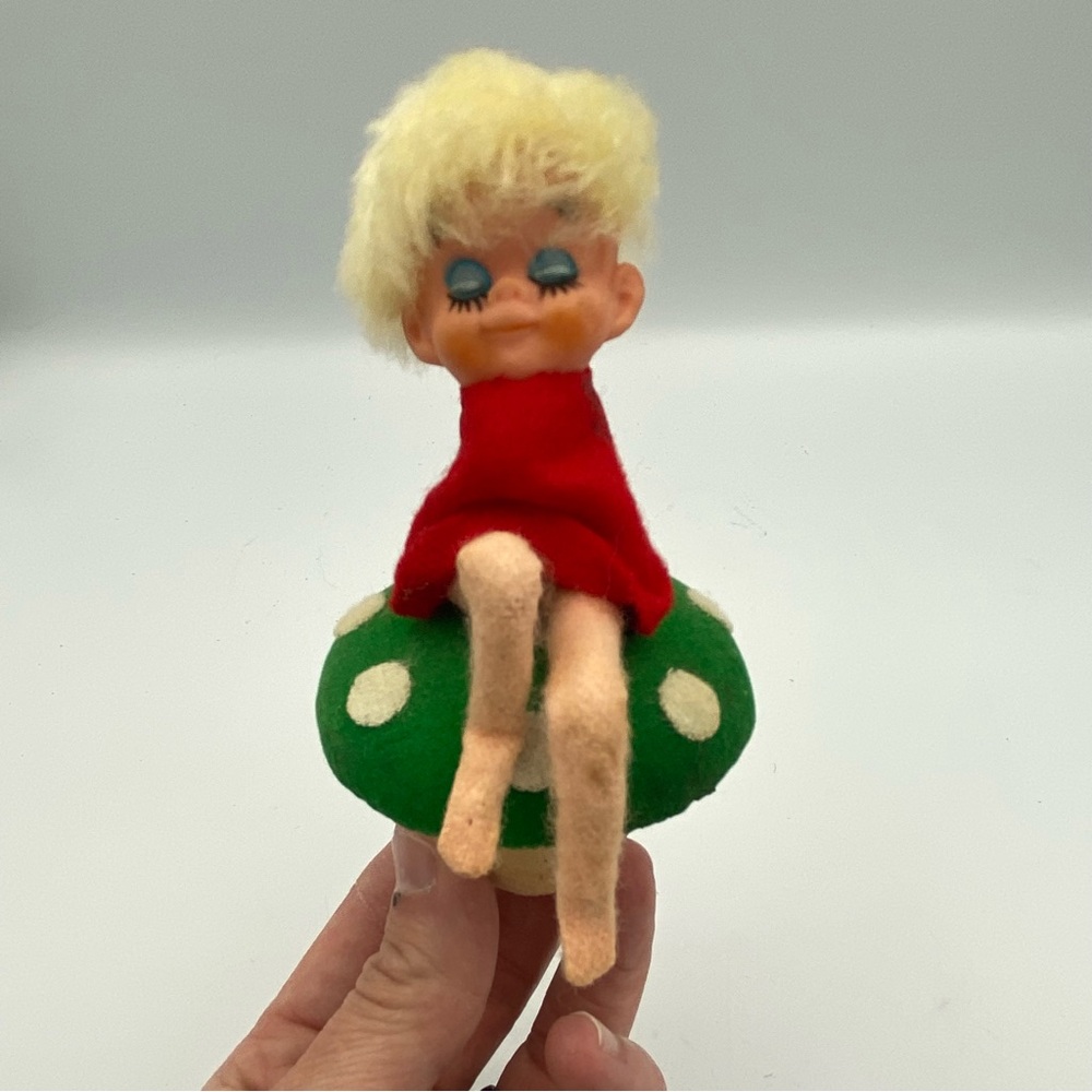 Vintage Flocked Elf Pixie Mushroom Christmas Ornament - Retro Kitsch Japan Decor